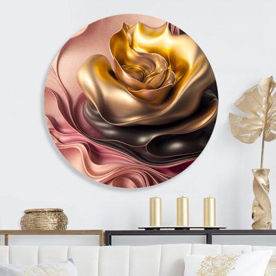 Fleurs glamour élégantes en or et taupe I - art mural floral rond sur métal