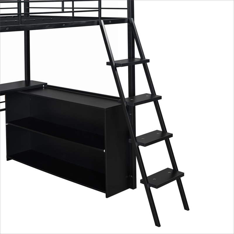 Lit mezzanine double, construction en métal avec DEL intégrée, bureau intégré et 4 tablettes de rangement, noir élégant