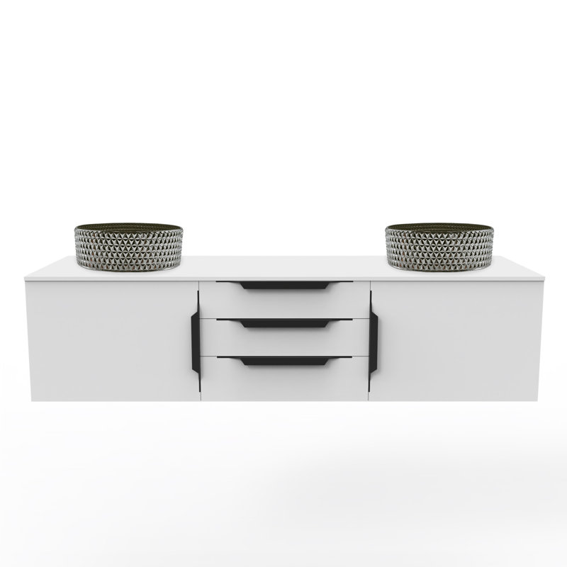 Ensemble de meuble-lavabo simple flottant 60 po avec lavabo vasque en verre trempé argenté Wildsee, Blanc, Argent
