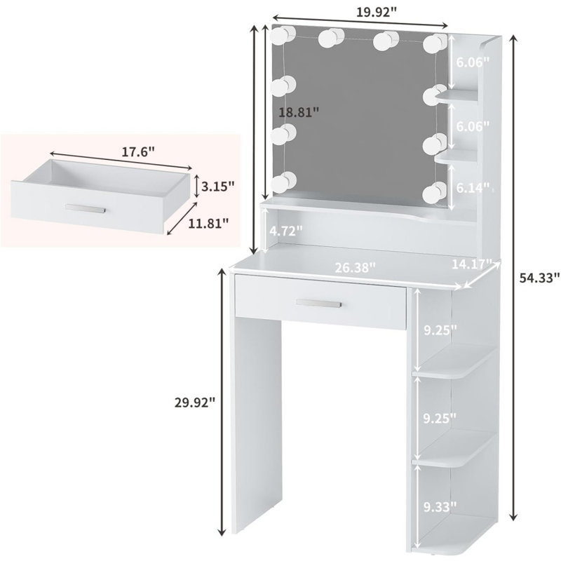 26.4" Small Makeup Vanity Desk with Lighted Mirror, 3 Color Modes, Drawer & 6 Level Storage, White, White
