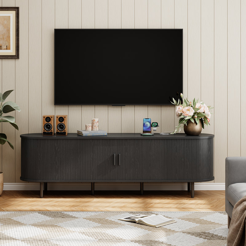 Modern Solid and Manufactured Wood TV Stand for TVs up to 80", Black, 21.7" H x 94.5" W x 15.7" D