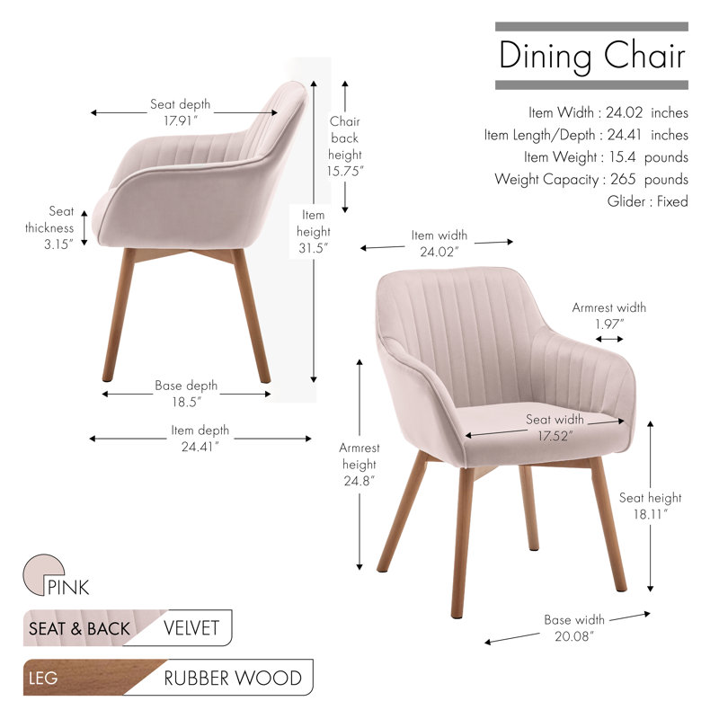 46cm H Velvet Upholstered Upholstered Back Armchair, Pink