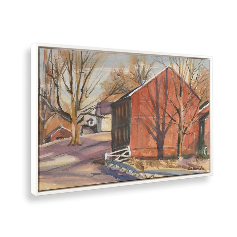 «Red Barn with Barren Trees» par Stephen Calcasola, reproduction d'art sur toile, H 30 po x l 40 po, Blanc
