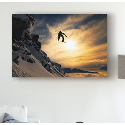 Art mural sur toile tendue - «Sunset Snowboarding» par Jakob Sanne pour le salon, la chambre à coucher ou le bureau - 16 x 24