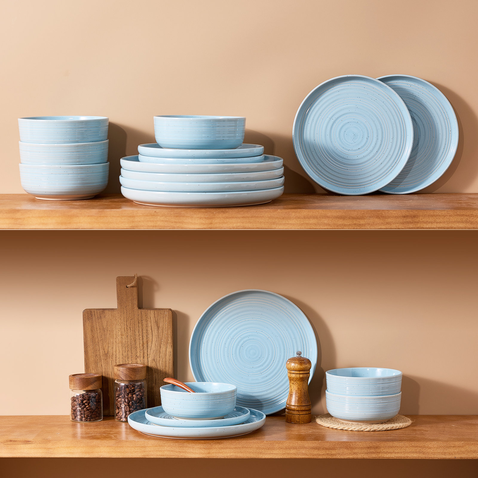 Stoneware Dinnerware Set, Ice Blue