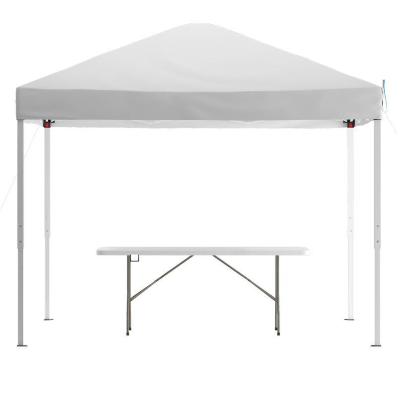 Lennon 8' x 8' Pop Up Canopy Tent and 6 Ft. Bi-Fold Table with Carrying Handle, White, 116" W x 116" D