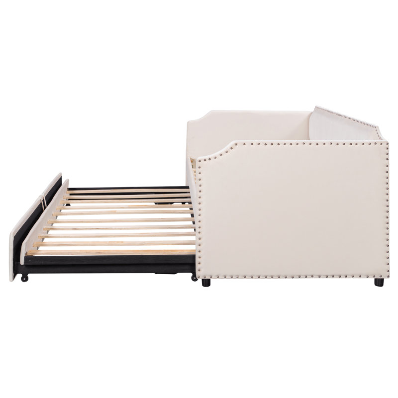 Lit de jour simple en velours rembourré avec couchette escamotable, beige