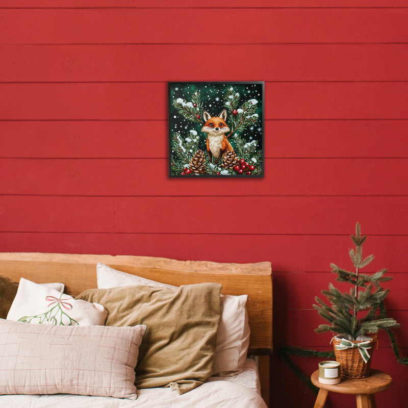 Giclée encadrée de renard d'hiver et de pommes de pin, design par Yen, Giclée encadrée noir minuit, H 12 po x l 12 po