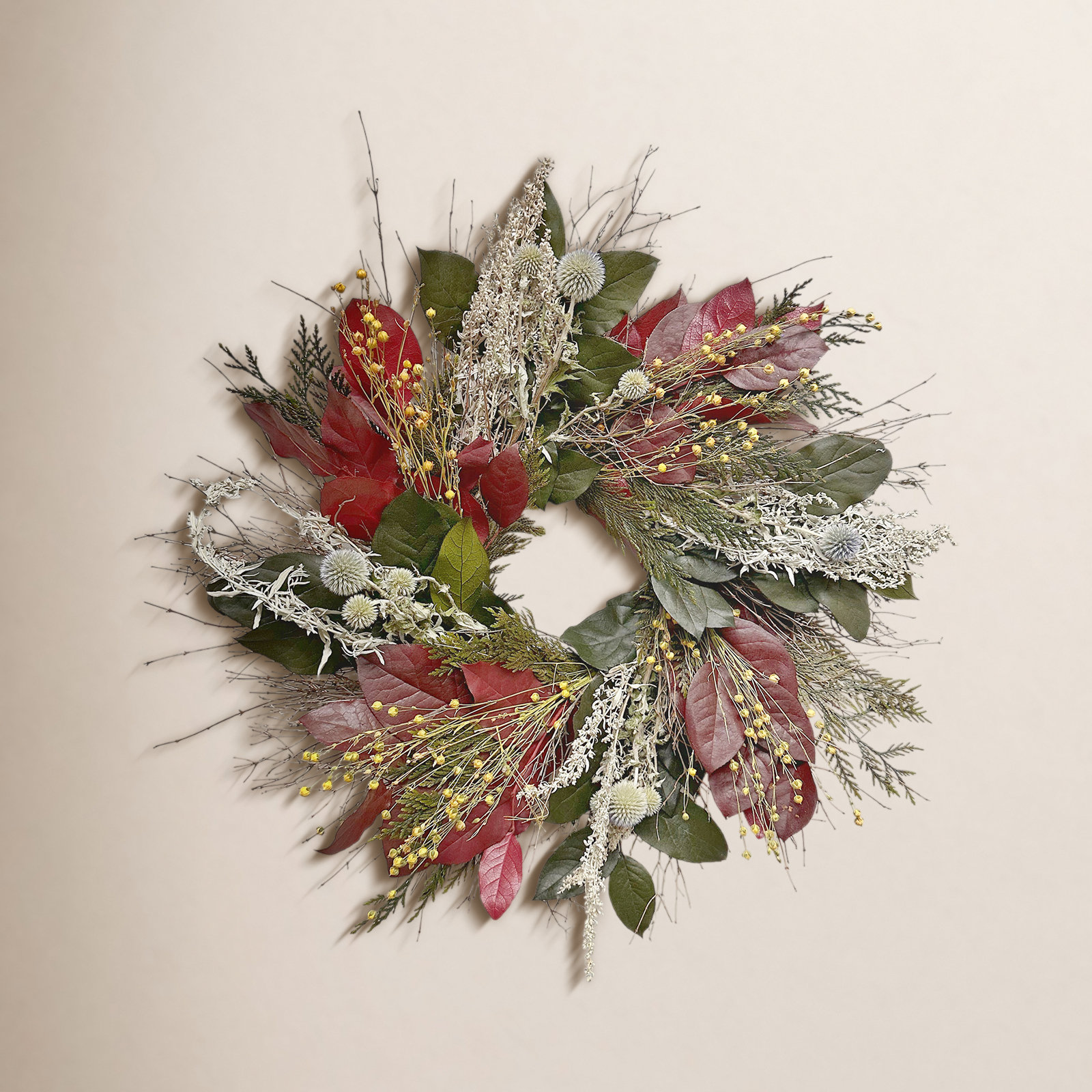 Preserved Leaves and Echinops Wreath, 22" W x 22" H x 5" D