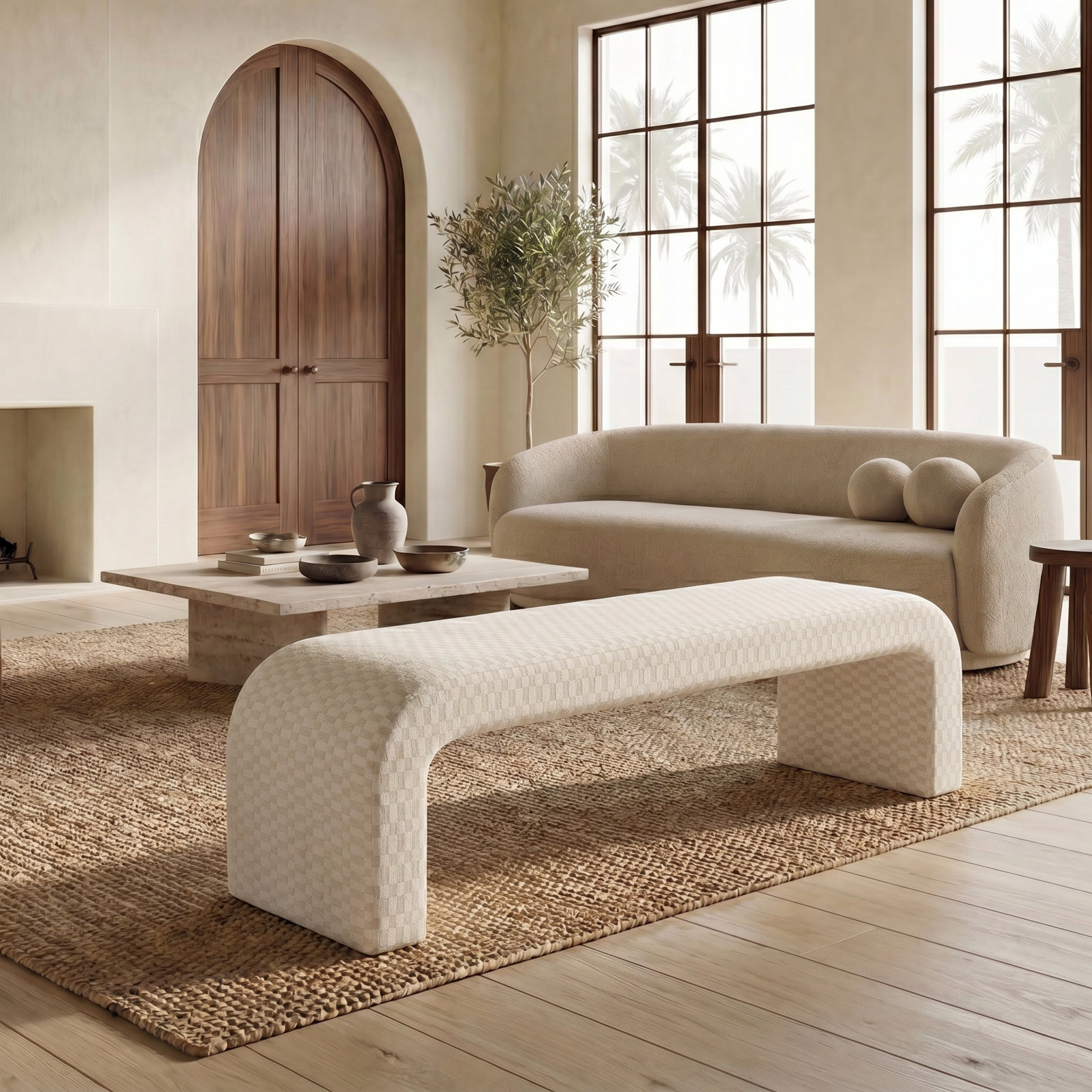 Daine 62" Linen Bedroom Bench, Taupe Checkered Linen