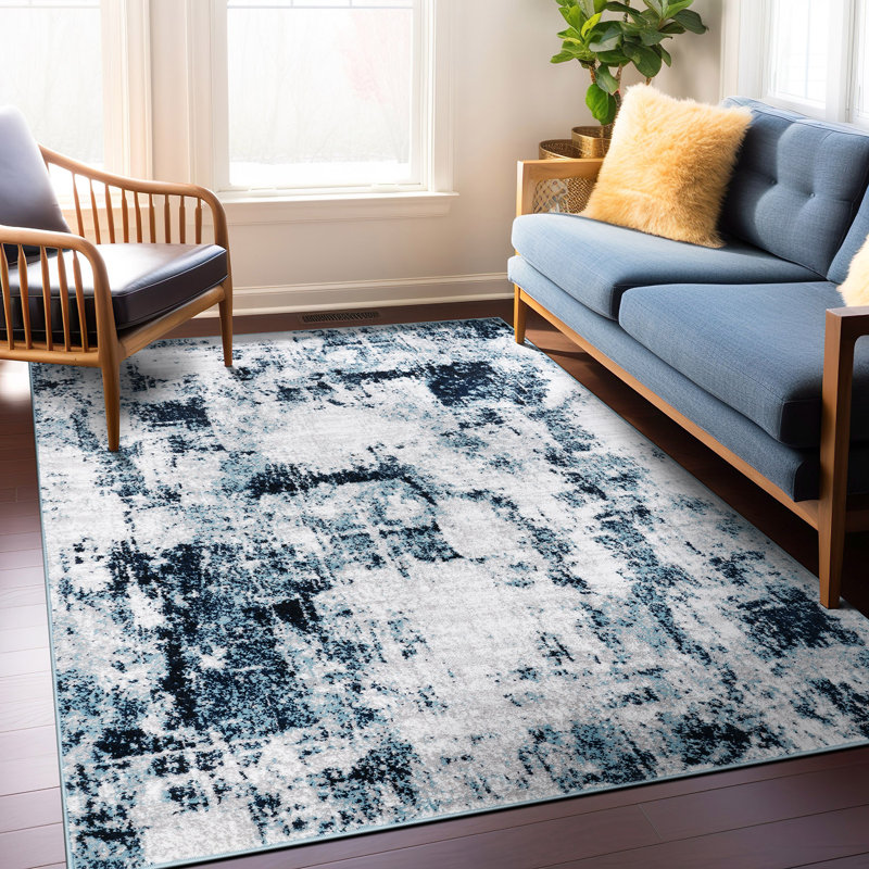 Tapis bleu / ivoire / bleu marine à motif abstrait Hobart, Rectangle 2 pi x 3 pi