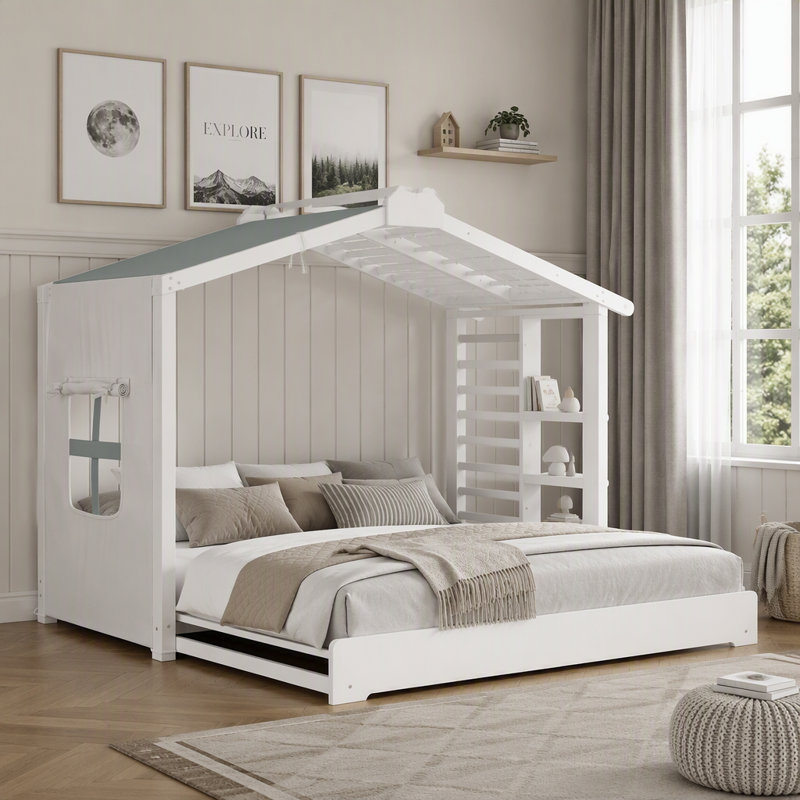 Lit cabane avec lit gigogne, tablette de rangement latérale et tente en tissu, White