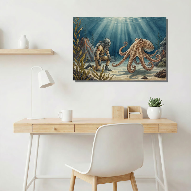«Underwater Diver And Octopus», ensemble de 1 reproduction d'art sur toile tendue, H 24 po x l 36 po