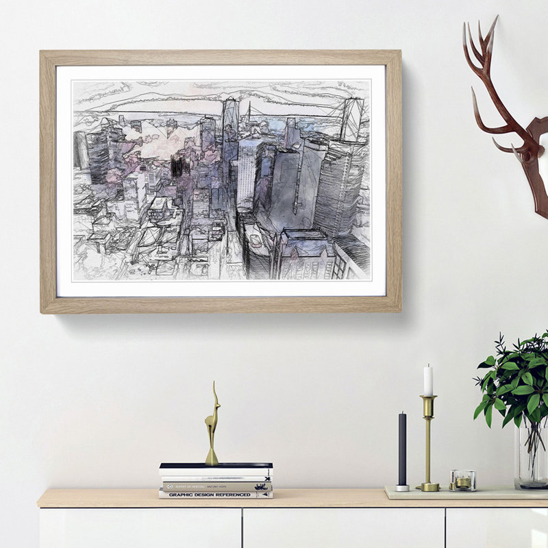 Houston Texas Skyline in Abstract - Picture Frame Graphic Art Print, 27cm H x 36cm W x 2cm D, Oak Framed