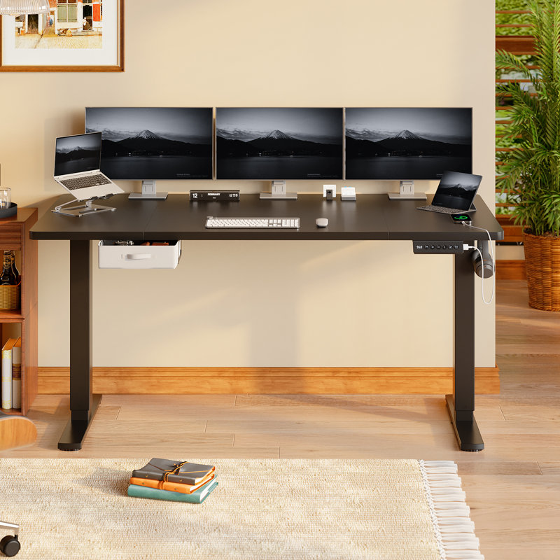Electric Standing Desk Wide Desktop Height Adjustable Standing Desk With Drawer&Hooks, Black, Black, 118" H x 140" W x 80" D