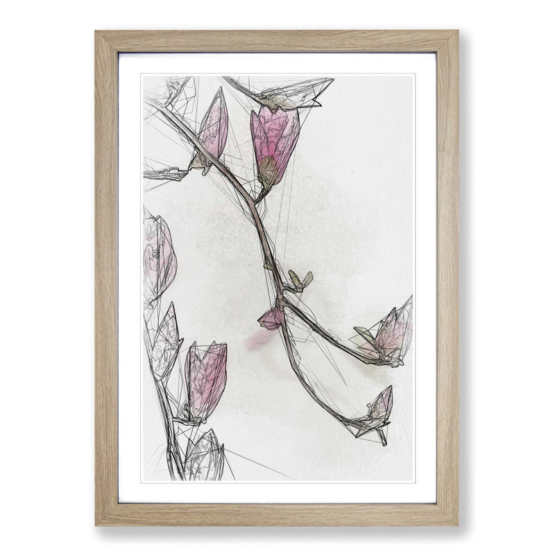 Pink Floral Flowers in Abstract - Picture Frame Graphic Art Print, Oak, 50cm H x 35cm W x 2cm D