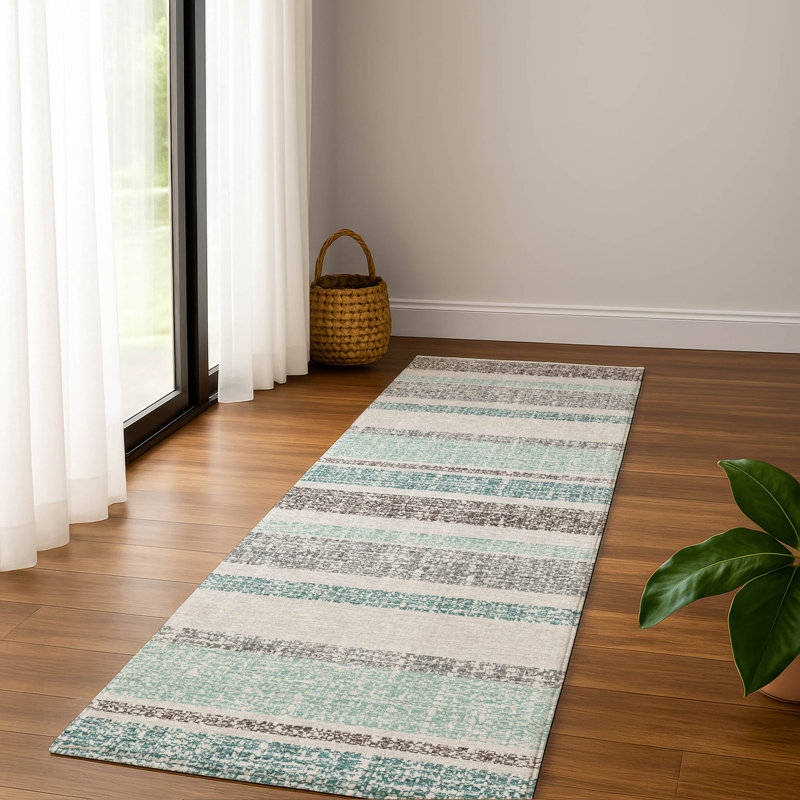 Premium Machine Washable Mayfield AMF2122 Striped Rug, 2'3" x 7'6" Runner, Teal