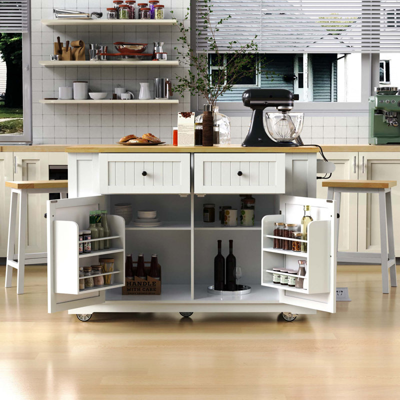 Îlot de cuisine 48 pouces avec rallonge, prise de courant, support de rangement interne, chariot de rangement sur roulettes sur 5 roulettes avec 5 supports latéraux ouverts pour la cuisine, blanc (tabourets non inclus)