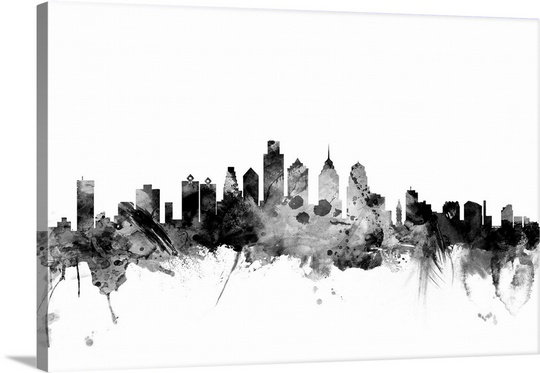 «Philadelphia Pennsylvania Skyline» par Michael Tompsett - reproduction, H 32 po x l 48 po x P 1,5 po, Toile