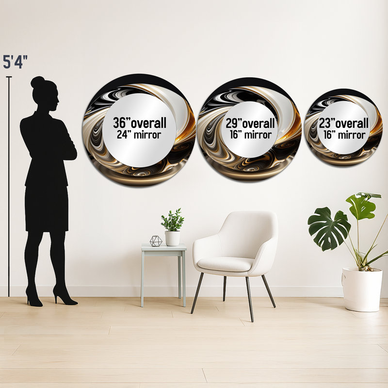 Sorin Gold And Black Stained Glass Spiral II - Abstract Spirals Large Mirror, Modern Round Unique Wall Mirror Decor, Printed Metal Art