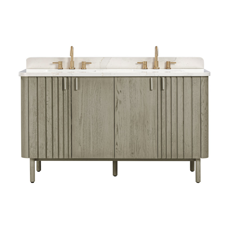 Meuble-lavabo double autoportant avec plateau en quartz Blakely, Gris, Doré, 61"
