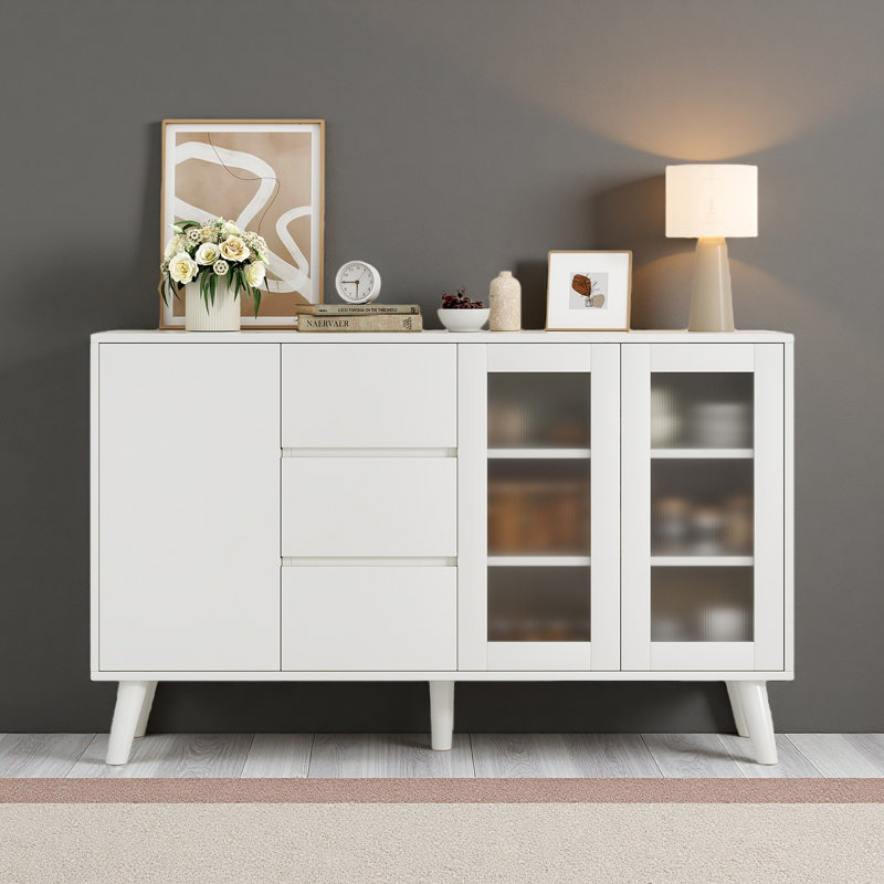 Farmhouse Buffet Cabinet, 55.5" Coffee Bar With 3 Drawers And Pop-Up Doors, Large Rustic Sideboard For Dining Room, Kitchen, Hallway, And Living Room