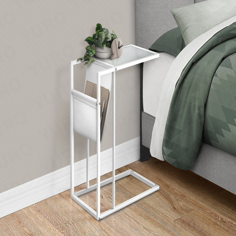 Table-collation en forme de C en similicuir blanc avec rangement pour magazines