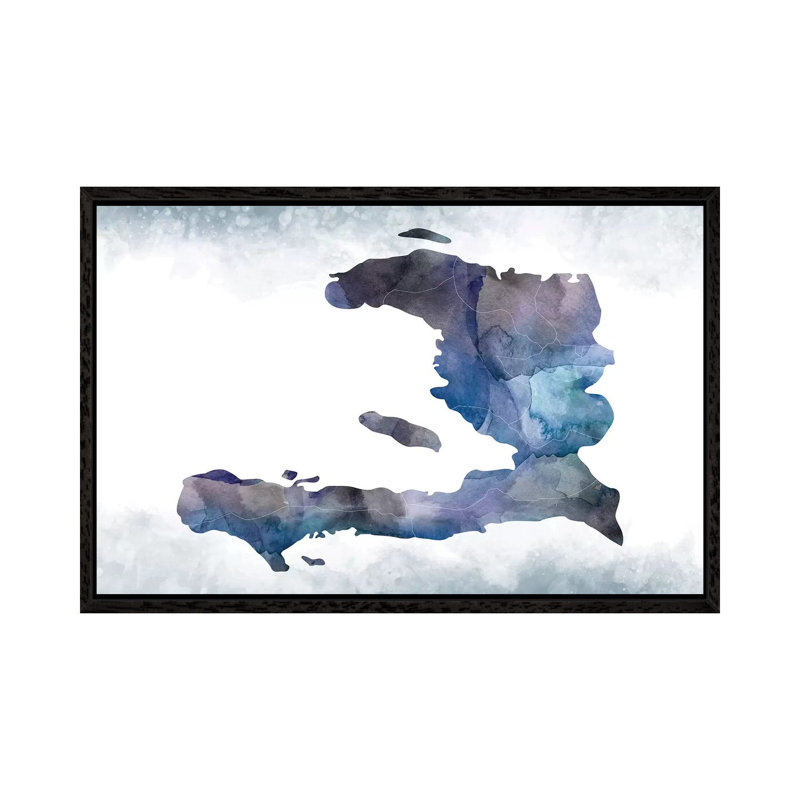 Haiti Bluish Map - Print on Canvas, 66.04 cm H x 45.72 cm W, Black Framed