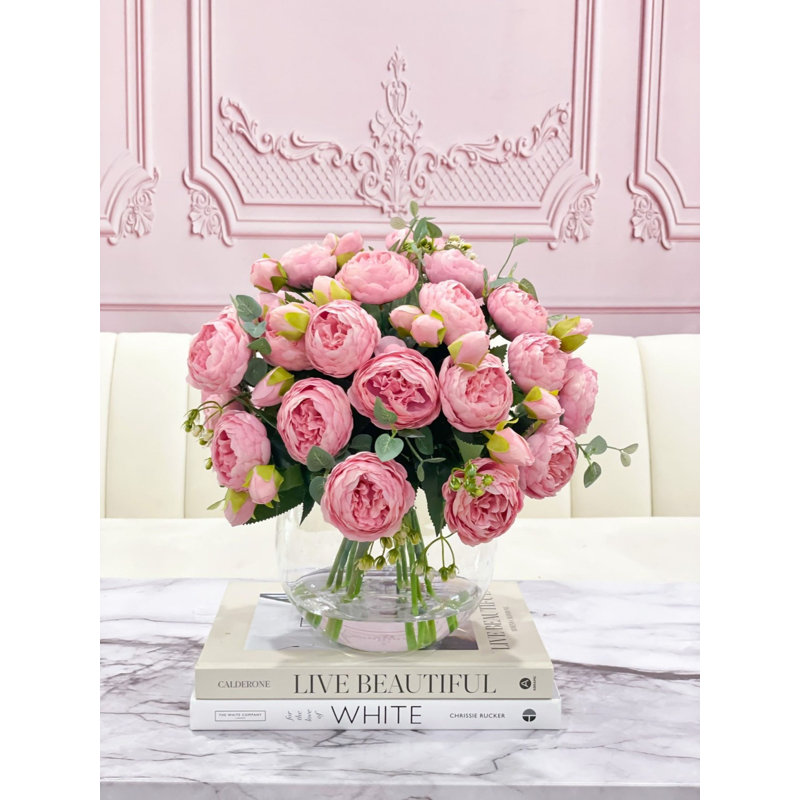 White Peony Faux Centerpiece In Glass Vase, Pink