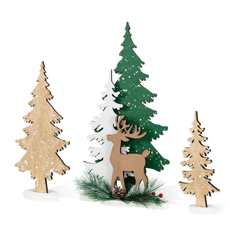 Ensemble de 3 décorations de table de Noël en bois - Hautes figurines de renne et d'arbre de 16 po pour centre de table des Fêtes