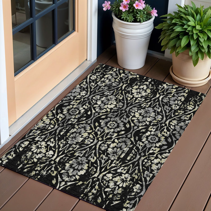 Tapis extérieur lavable floral noir 3 pi x 5 pi noir et ivoire