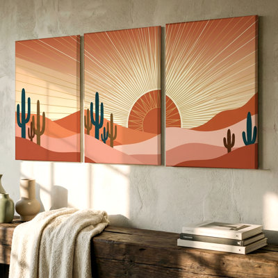 3 pièces, art décoratif abstrait coucher de soleil désertique avec soleil rayonnant, art mural trois pièces pour le salon, la chambre à coucher, le bureau et la décoration intérieure