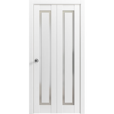 Sliding Closet Bi-fold Doors | Planum 0888 Painted White with Frosted Glass | Sturdy Tracks Moldings Trims Hardware Set | Wood Solid Bedroom Wardrobe Doors