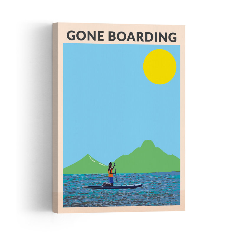 Sunny Paddleboard Day Serene Abstract Contemporary Landscape Mountain Wall Art Print by WallChart Art Studio - Wrapped Canvas Print