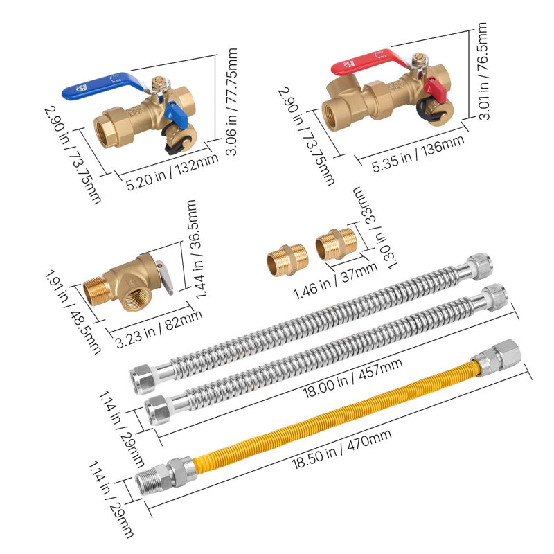 Water Heater Kit, 3/4 Inch Cold & Hot Water Plumbing Repair Kit with 600 WOG Isolation Valves, Pressure Relief Valve, Dual-Layer Gas Hose, Compatible with Most Tankless Waters Heater Brands