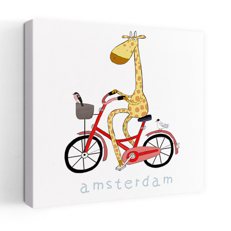 Giraffe Rides Amsterdam Bike Whimsical Abstract Contemporary Bird Giraffe City Architecture Wall Art Print