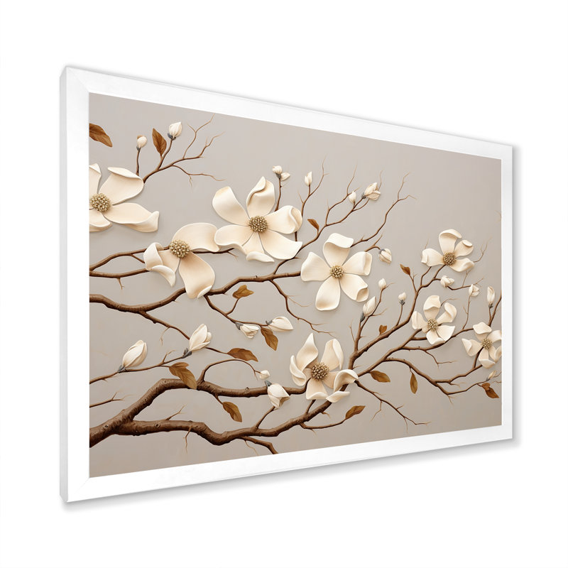 " White Dogwood Blossom Harmony I ", White Closed Corner Framed, 12" H x 20" W x 1" D