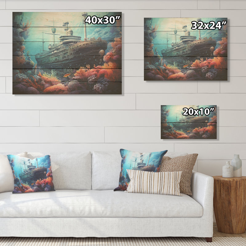Titanic Under Water Memory I - Coastal Coral Under Water Wood, art mural sur bois de pin naturel, H 30 po x l 40 po