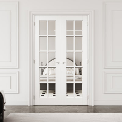 Porte française intérieure en verre transparent 48 po x 80 po 10-Lite avec quincaillerie argentée et loquet et levier de porte, plaque de porte en verre trempé avec sécurité, pouvant être peinte et imperméable, combinaison pour la lessive, portes de placard, portes de pièce, assemblage requis