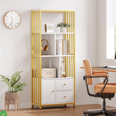 62" Gold Bookcase with 3 Drawers and Door, 4-Tier White-and-Gold Bookshelf with Metal Frame, Floor-Standing Display Storage Cabinet