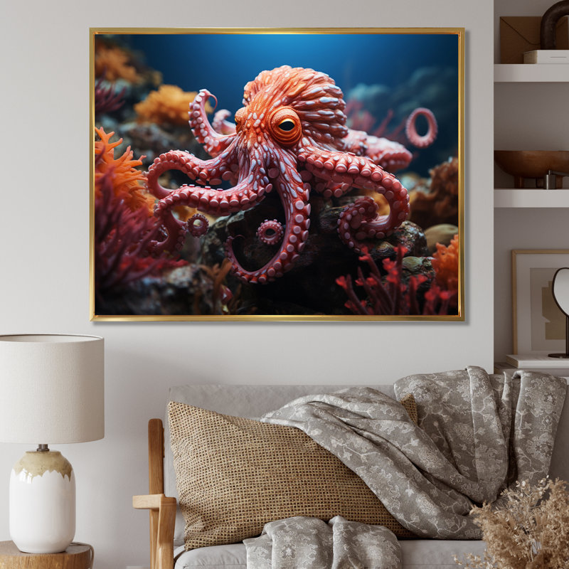 Coral Octopus Serene Submersion I - Animals Canvas Prints, 34" H x 44" W, Cadre flottant doré