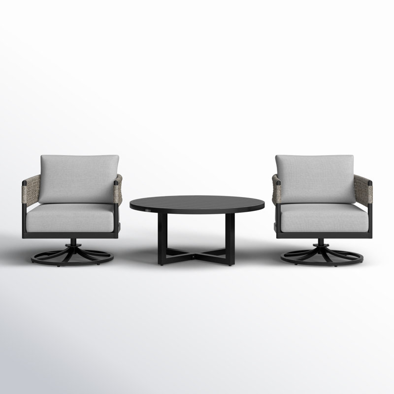 Scotia 3 Piece Patio Outdoor Swivel Seating Set In Black Aluminum With Grey Rope And Cushions