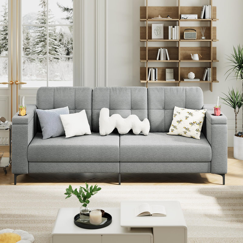 Canapé de 83,5 pouces à 3 places avec accoudoirs de rangement, fabrication élégante en éponge et en fer, canapé moderne confortable avec porte-revues pour le salon