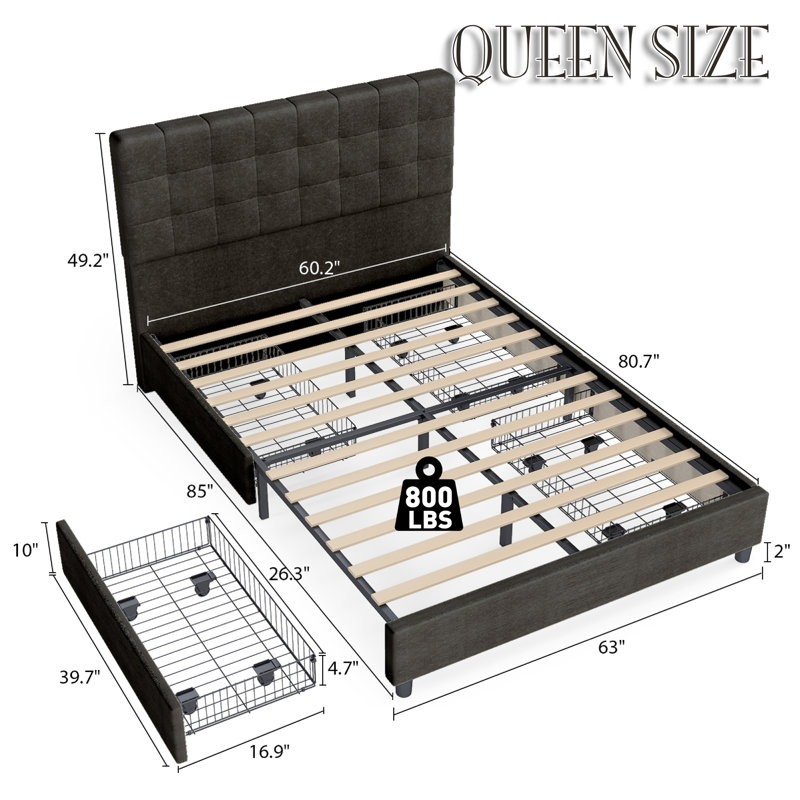 Queen Bed Frame with 4 Underbed Drawers, Modern Platform Bed with Headboard, Queen, Black