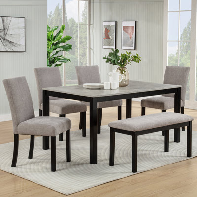 6-Piece Solid Wood Dining Set With Concrete-Effect Tabletop, Upholstered Chairs, And Bench For Modern Interiors