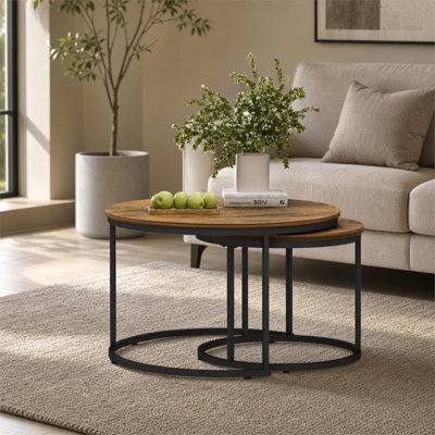 Ensemble de 2 tables basses gigognes rondes en bois aggloméré brun avec dessus en grain de bois et cadres en fer robustes pour salon et chambre à coucher