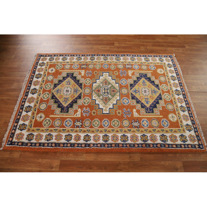 Tapis oriental orange en laine Kazak noué à la main 4 x 6