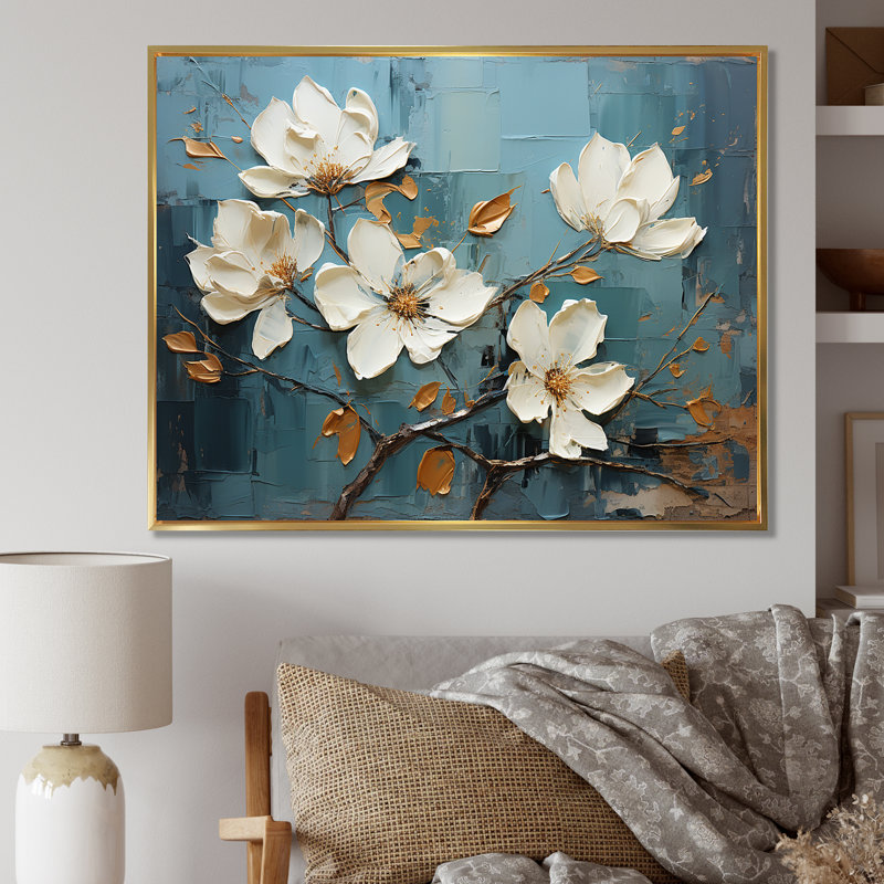 Blanc et bleu, charmante fleur printanière élégance II - fleurs, art mural, Cadre flottant doré, H 16 po x l 32 po x P 1 po