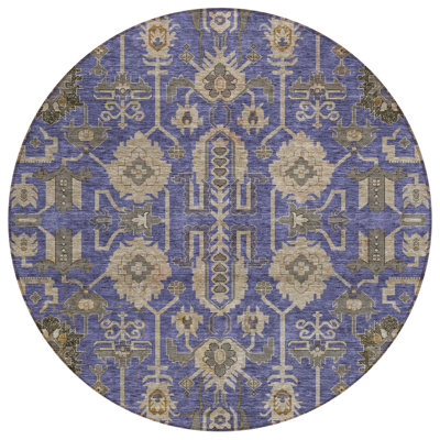 8' Purple Beige And Taupe Round Oriental Washable Indoor Outdoor Area Rug