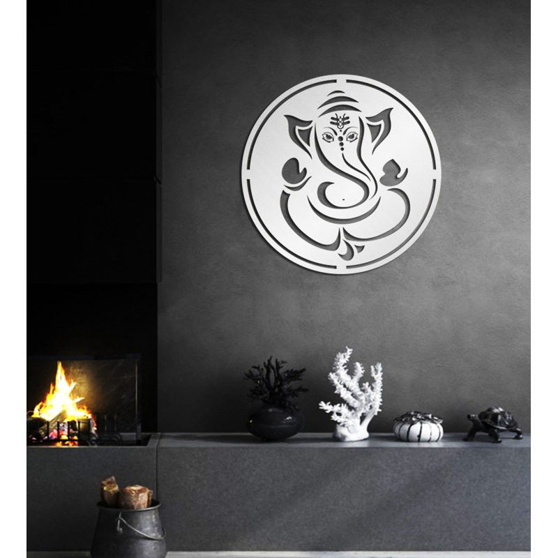 Décoration murale en métal Ganesha, décoration murale en métal Ganapati, H 18 po x l 18 po x P 0,5 po, Argent luisant